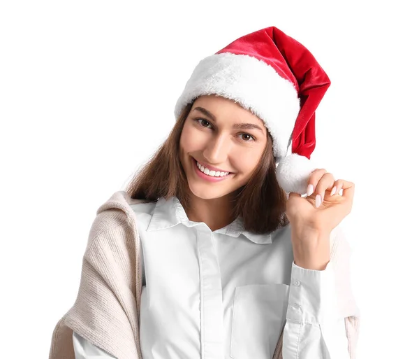 Vacker Ung Kvinna Santa Hatt Vit Bakgrund — Stockfoto