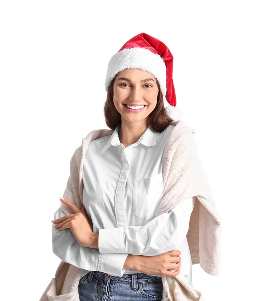 Bella Giovane Donna Cappello Babbo Natale Sfondo Bianco — Foto Stock