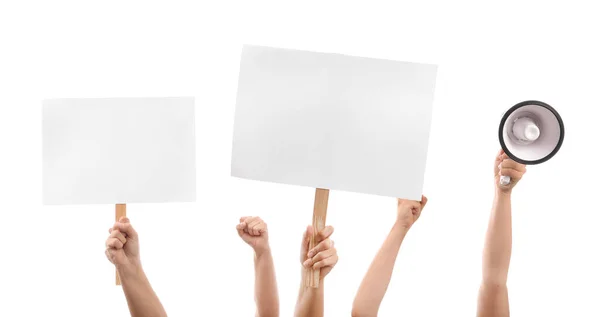 Hands Protesting People Megaphone Placards White Background — Stock Photo, Image