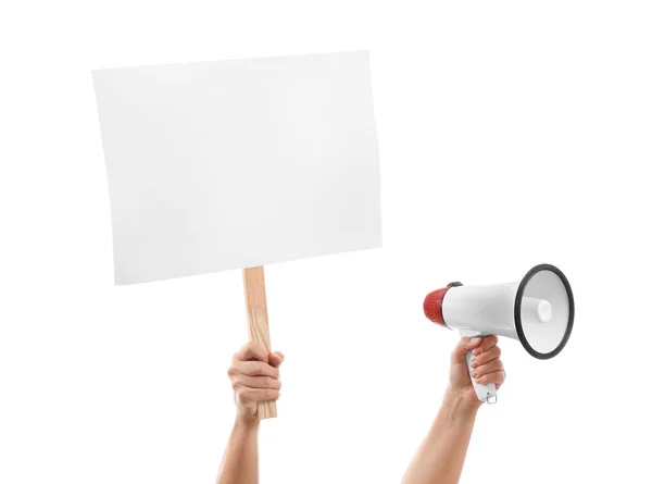 Hands Protesting Woman Megaphone Placard White Background — Stock Photo, Image
