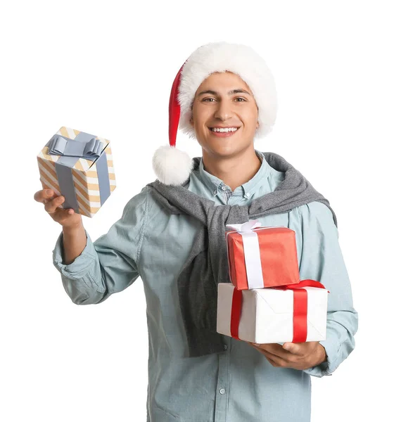 Handsome Man Santa Hat Gift Boxes White Background — Stock Photo, Image