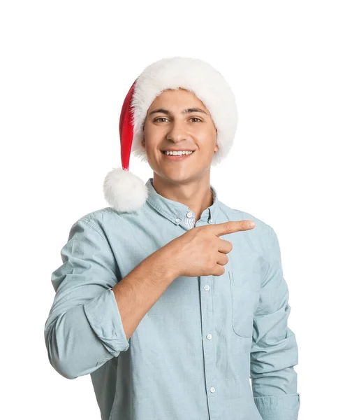 Snygg Man Santa Hatt Pekar Något Vit Bakgrund — Stockfoto