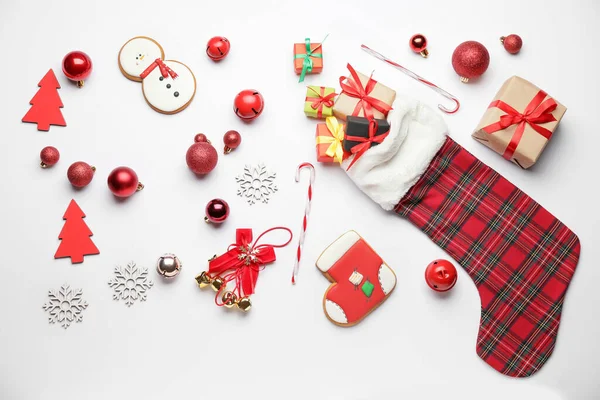 Composición Con Calcetín Navidad Sobre Fondo Blanco —  Fotos de Stock