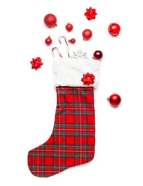 Χριστουγεννιάτικη Κάλτσα Διακόσμηση Λευκό Φόντο — Φωτογραφία Αρχείου