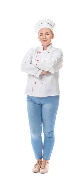 Maduro Feminino Chef Branco Fundo — Fotografia de Stock