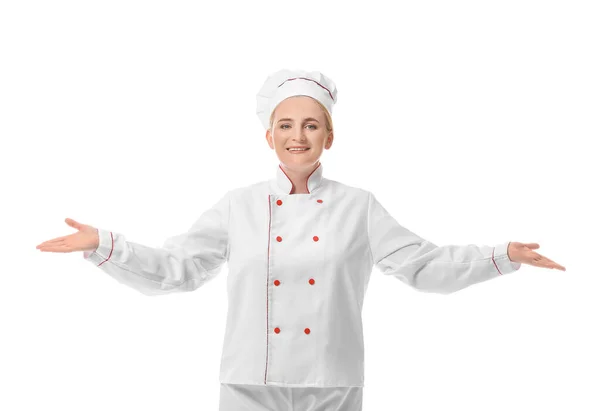 Mature Female Chef White Background — Stock Photo, Image