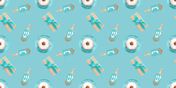 Вкусные Пончики Подарки Dreidels Хануки Цветном Фоне — стоковое фото
