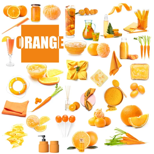 Collage Different Orange Items White Background — Stock Photo, Image