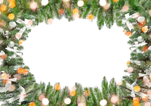 Frame Made Beautiful Christmas Tree Branches White Background — Stock Photo, Image