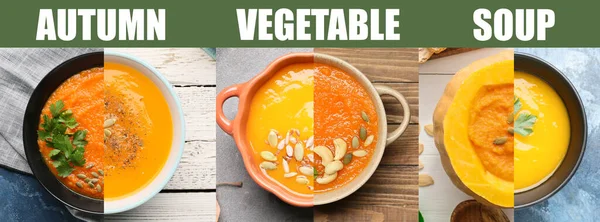 Collage Autumn Vegetable Soup Table Top View — Stock Photo, Image