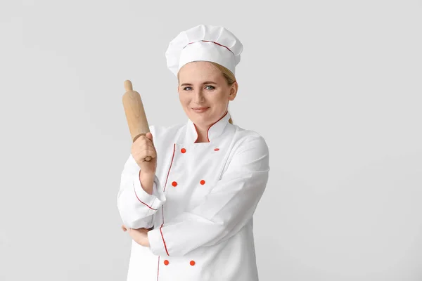 Mature Female Chef Rolling Pin Grey Background — Stock Photo, Image