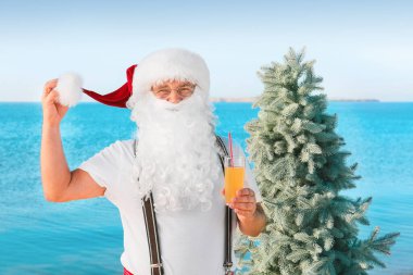 Noel Baba ile Noel ağacı ve meyve suyu tatil köyünde