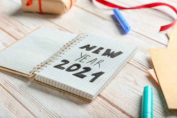 Notebook Text New Year 2021 Wooden Background — Stock Photo, Image