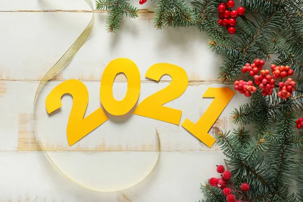 Decoración Año Nuevo Figura 2021 Sobre Fondo Madera — Foto de Stock