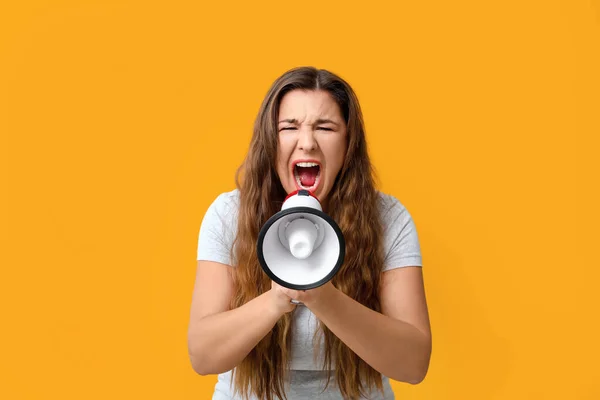 Protesting Woman Megaphone Color Background — Stock Photo, Image