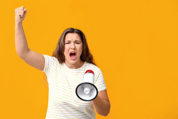 Protesting Woman Megaphone Color Background — Stock Photo, Image
