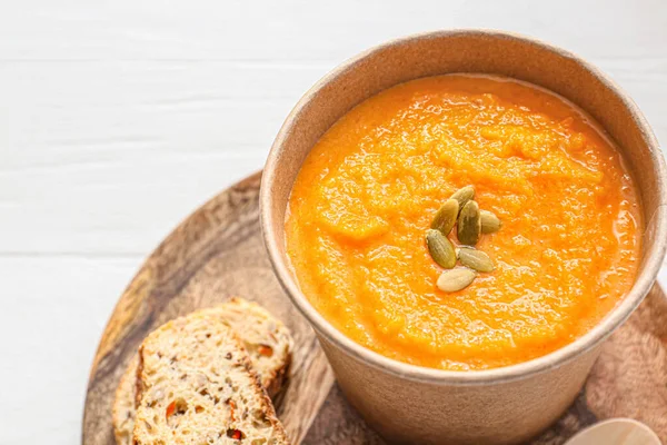 Tasty Pumpkin Cream Soup Cup Table Closeup — Stock Photo, Image