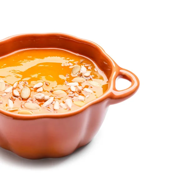 Sabrosa Sopa Crema Calabaza Olla Sobre Fondo Blanco — Foto de Stock