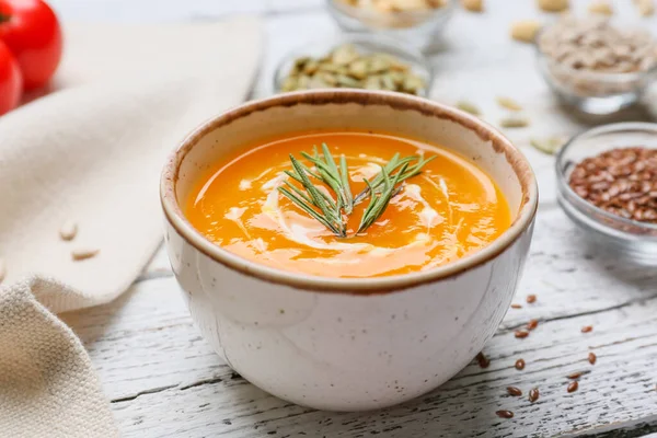 Tasty Pumpkin Cream Soup Bowl Table — Stock Photo, Image