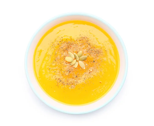 Tasty Pumpkin Cream Soup Bowl White Background — Stock Photo, Image