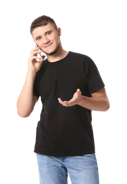 Schöner Junger Mann Spricht Handy Auf Weißem Hintergrund — Stockfoto