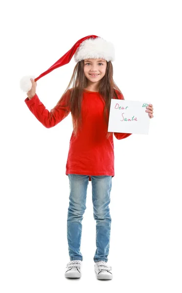 漂亮的小女孩 给圣诞老人的信背景是白色的 — 图库照片