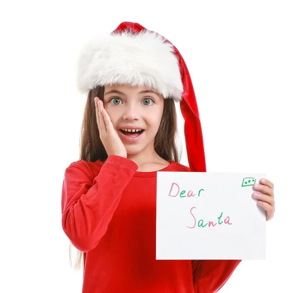 Menina Bonito Com Carta Papai Noel Fundo Branco — Fotografia de Stock