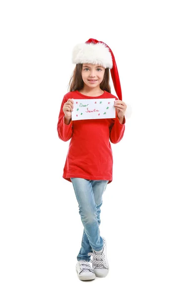 Menina Bonito Com Carta Papai Noel Fundo Branco — Fotografia de Stock