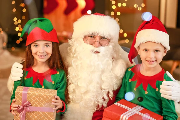 Santa Cute Elf Kids Home Christmas Eve — Stock Photo, Image