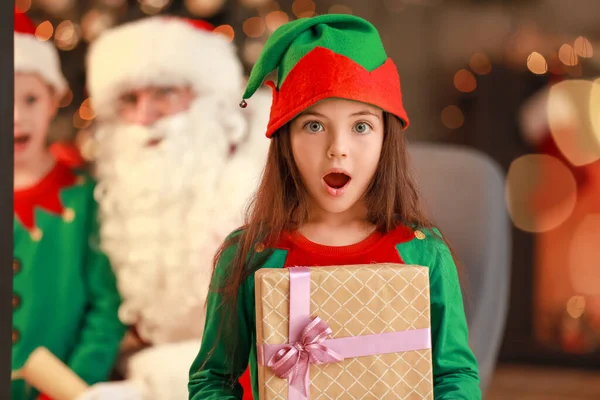 Cute Little Girl Elf Costume Gift Home — Stock Photo, Image