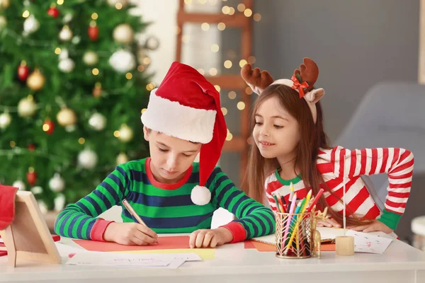 Little Children Writing Letters Santa Home Christmas Eve — Stock Photo, Image