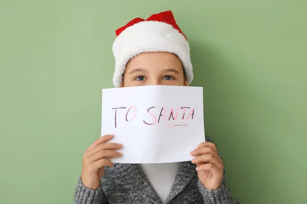 Menino Com Carta Papai Noel Sobre Fundo Cor — Fotografia de Stock