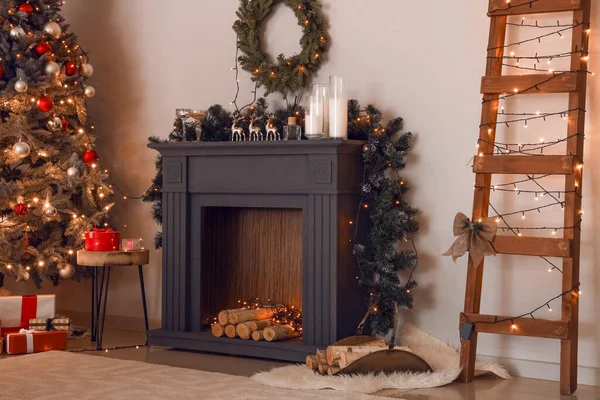 Decorated Fireplace Interior Room Christmas Eve — Stock Photo, Image