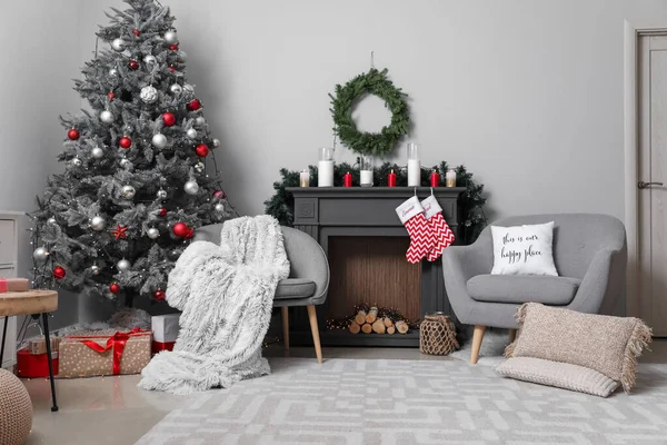 Cheminée Décorée Intérieur Pièce Veille Noël — Photo