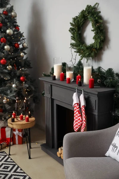 Decorated Fireplace Interior Room Christmas Eve — Stock Photo, Image