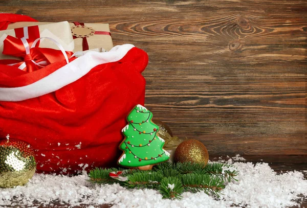 Santa Bag Gifts Decor Wooden Background — Stock Photo, Image