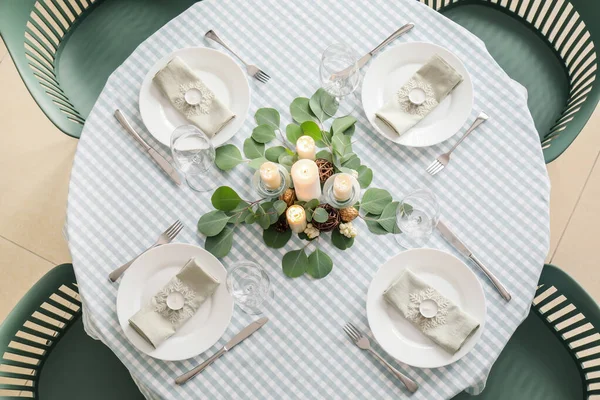 Beautiful Table Setting Christmas Decor Top View — Stock Photo, Image