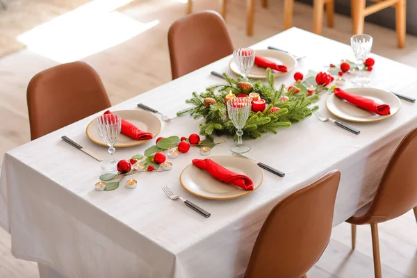 Beautiful Table Setting Christmas Decor Living Room — Stock Photo, Image