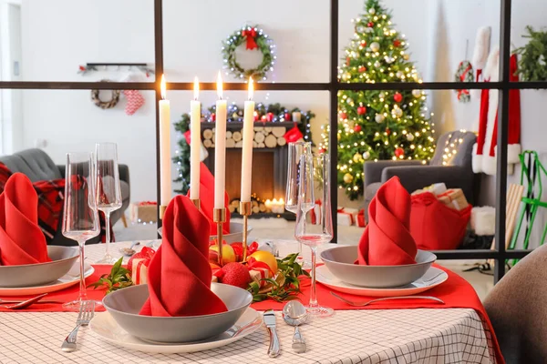 Cenário Mesa Bonita Com Decoração Natal Sala Estar — Fotografia de Stock