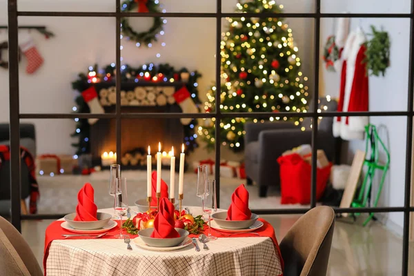 Interior Quarto Com Mesa Para Jantar Natal — Fotografia de Stock