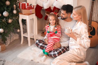 Genç bir aile Noel arifesinde evde kakao içiyor.