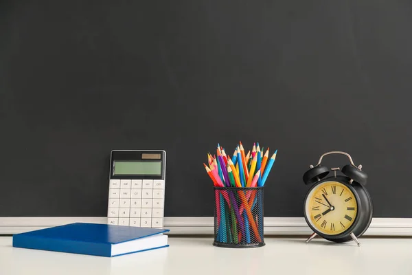 Set School Stationery Alarm Clock Table Classroom — Stock Photo, Image