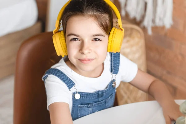 Cute Little Girl Listening Music Home — Stock Photo, Image