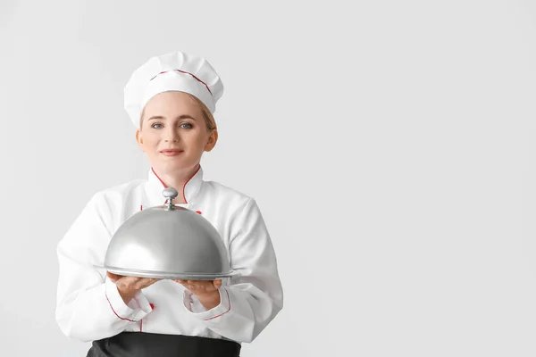 Mature Female Chef Tray Cloche Grey Background — Stock Photo, Image