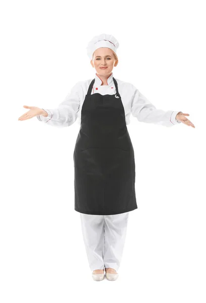 Maduro Feminino Chef Branco Fundo — Fotografia de Stock