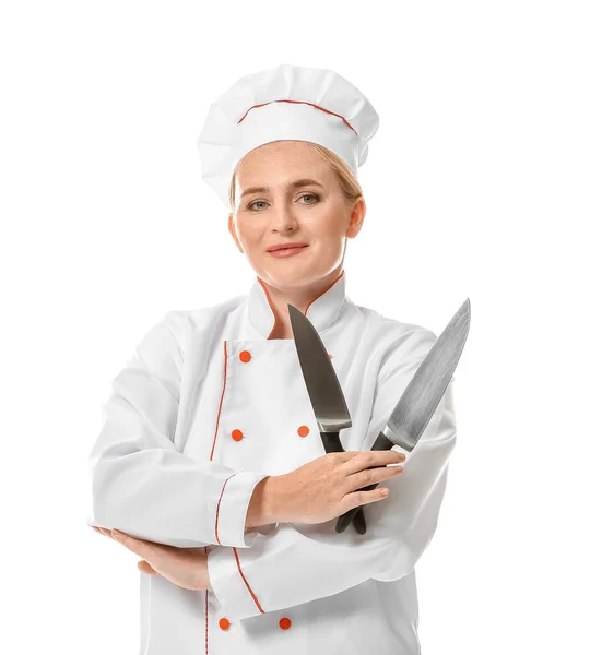 Maduro Chef Feminino Com Facas Fundo Branco — Fotografia de Stock