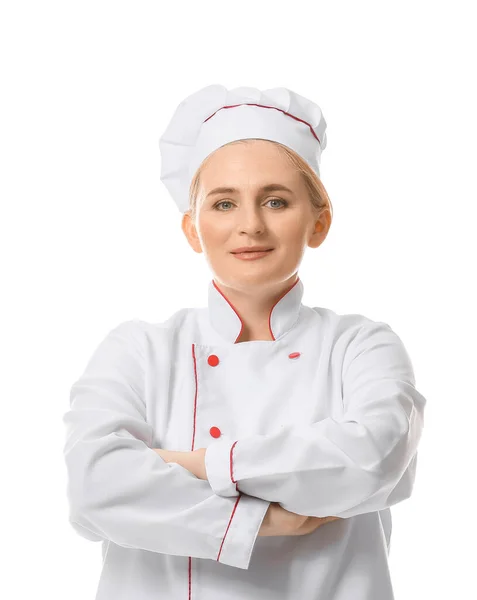 Maturo Femmina Chef Sfondo Bianco — Foto Stock