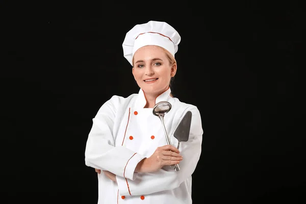 Mature Female Chef Dark Background — Stock Photo, Image