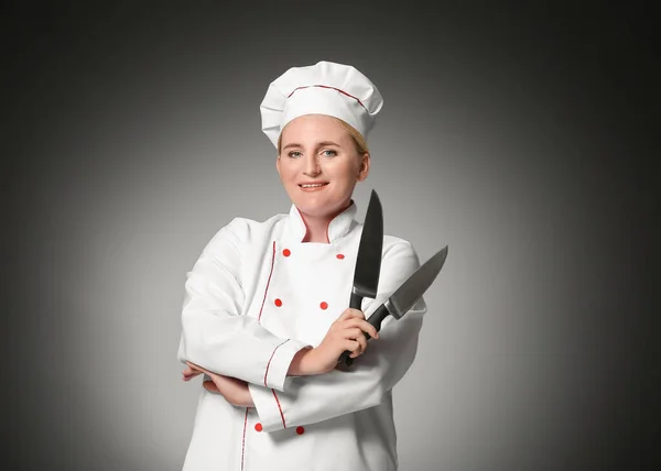 Mature Female Chef Knives Dark Background — Stock Photo, Image