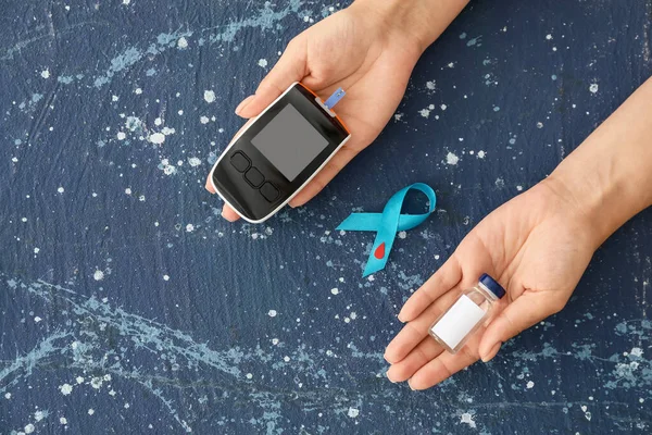 Female Hands Awareness Ribbon Glucometer Insulin Color Background Diabetes Concept — Stock Photo, Image